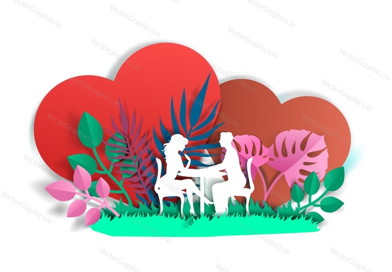 Loving couple sitting at table and talking to each other, floral background with two huge hearts, vector illustration in paper art craft style. Romantic dinner composition for poster, banner etc.