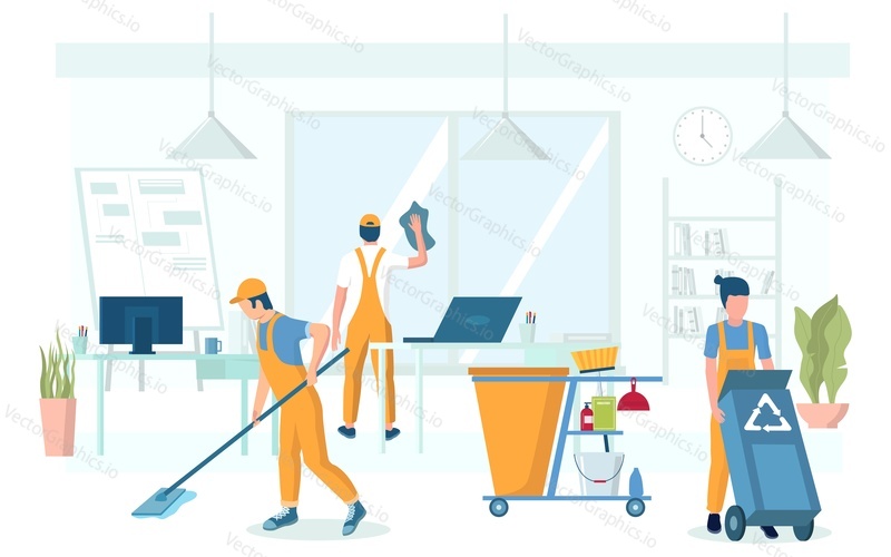 Professional office cleaning services, vector flat illustration. Male and female characters, cleaning company staff picking up trash, washing window and floor.