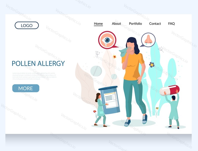 Pollen allergy vector website template, web page and landing page design for website and mobile site development. Woman suffering from sneezing, runny nose, itchy eyes. Allergy symptoms and treatment.
