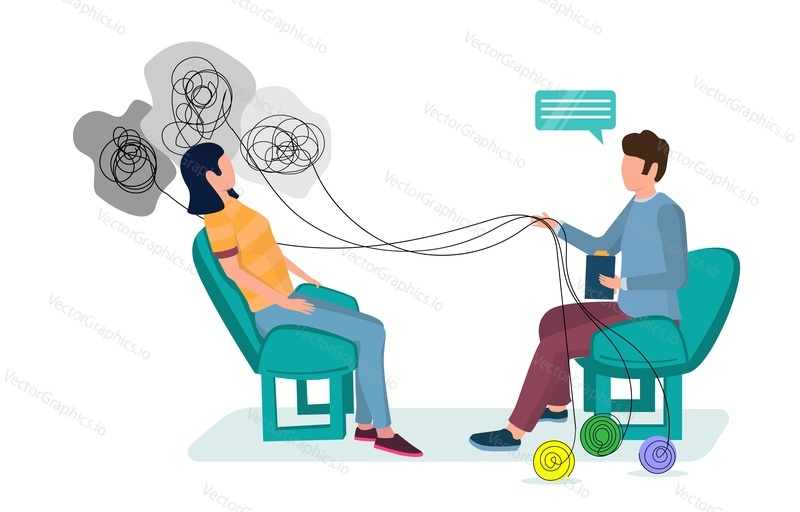 Psychotherapy session vector flat illustration. Psychotherapist counseling patient having mental health problems. Individual therapy concept for web banner, website page etc.
