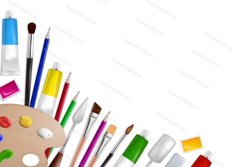 Realistic artist palette with brushes, paint tubes, knives and pencils, vector illustration. Art tools and supplies composition for web banner, website page etc.