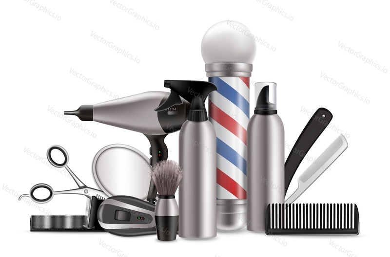Barber equipment, vector illustration. Realistic hairdresser tools mirror, scissors, comb, hairdryer, hair clipper, shave brush, shaving foam, barber pole other haircut and beard grooming accessories.