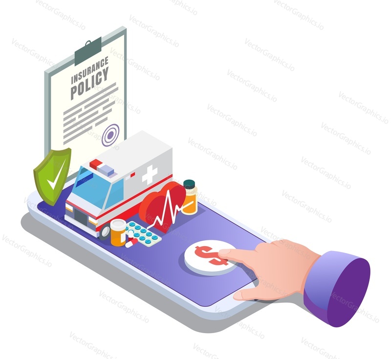 Medical insurance online vector illustration. Smartphone with insurance policy, shield, medicine items, finger tapping buy button. Isometric composition for poster, banner, website page, etc.