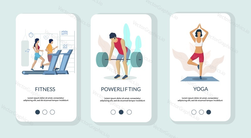 Fitness, Powerlifting and Yoga mobile app onboarding screens. Menu banner vector template for website and application development. Fitness gym services, sport activity, healthy lifestyle.