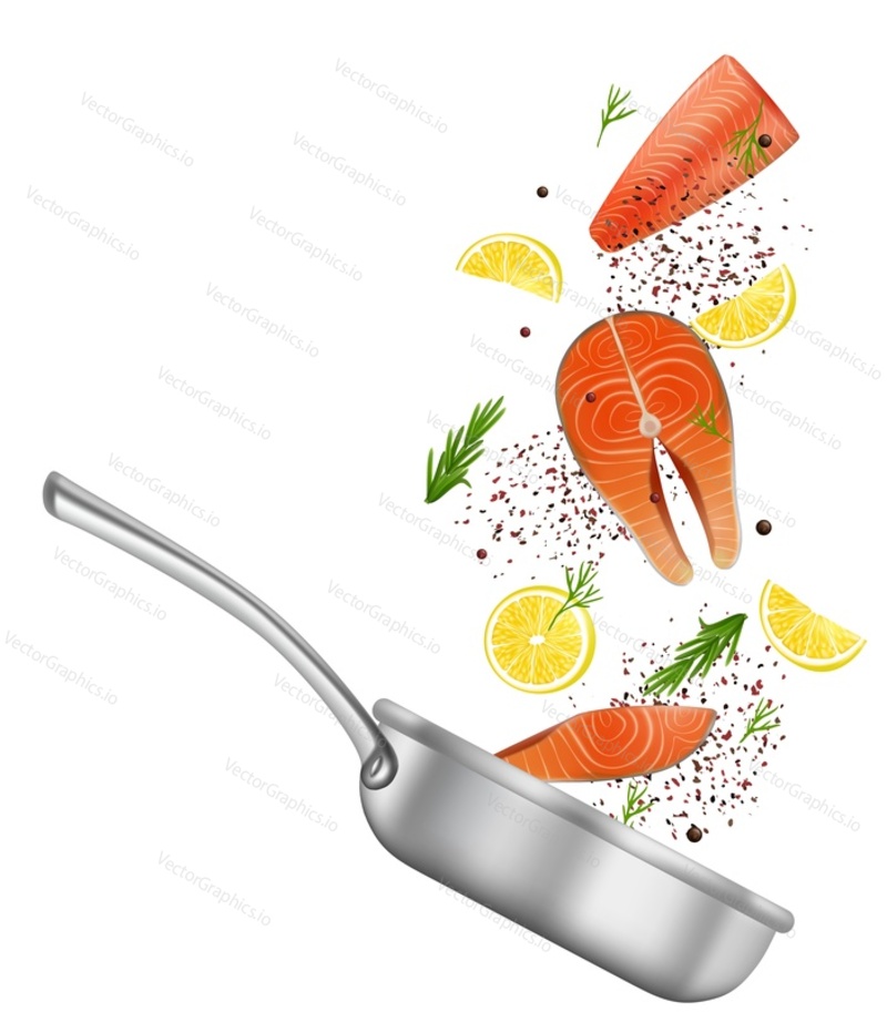 Salmon red fish steaks, fillet with lemon slices, pepper and rosemary spicy herb falling into frying pan, vector illustration. Cooking tasty healthy seafood composition for restaurant menu, recipe etc