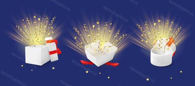 White open gift boxes with serpentine, vector isolated illustration. Round and square boxes with red bows and ribbons for Happy birthday, Christmas, Wedding or Valentine Day greeting card, poster etc.