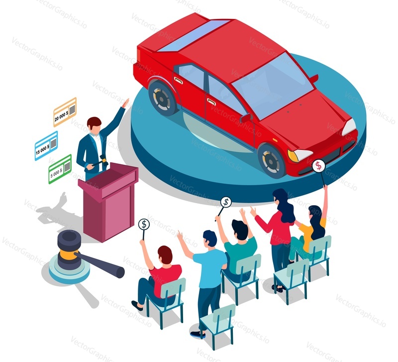 Auto sale auction, vector illustration. Isometric red car on podium, auctioneer with gavel and people with bid paddles. Auction and bidding composition for web banner, website page etc.