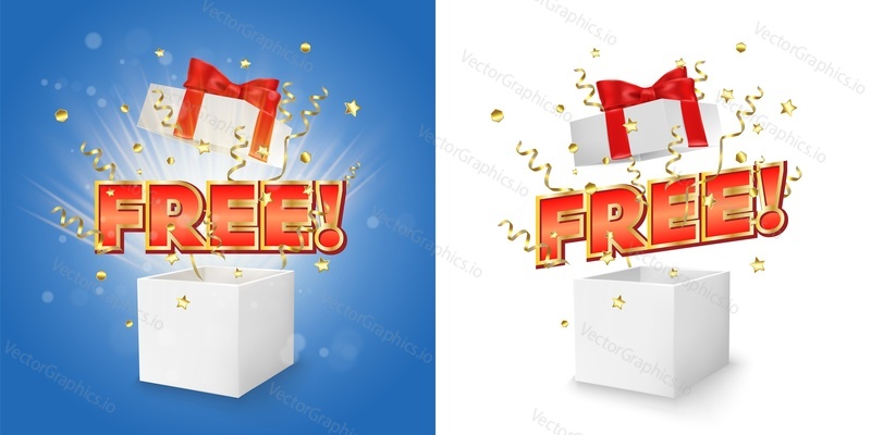 White open gift box with Free word, gold serpentine and confetti explosion, vector isolated illustration. Free gift box, sales promotion concept for banner, poster etc.