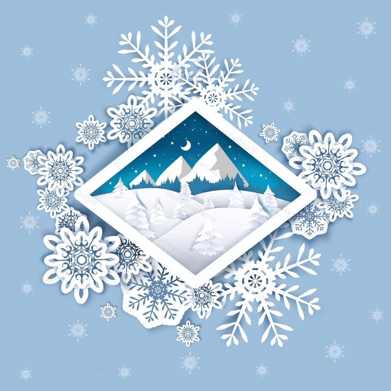 Merry Christmas Happy New Year greeting card template, vector illustration in paper art modern craft style. Decorative frame with paper cut snowflakes and winter mountain forest landscape.