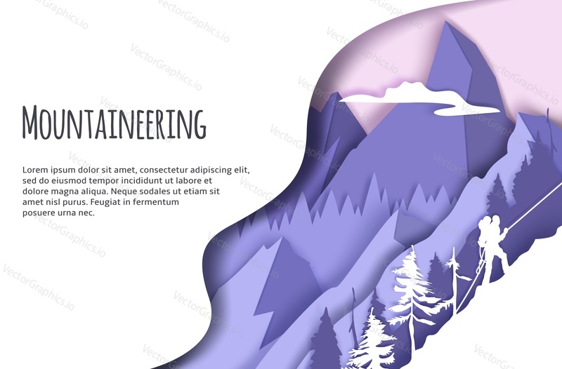 Mountaineering web banner template, vector illustration in modern paper art style. Man with backpack climbing ice rock. Extreme winter sports. Trekking and climbing mountains, tourism, adventure.