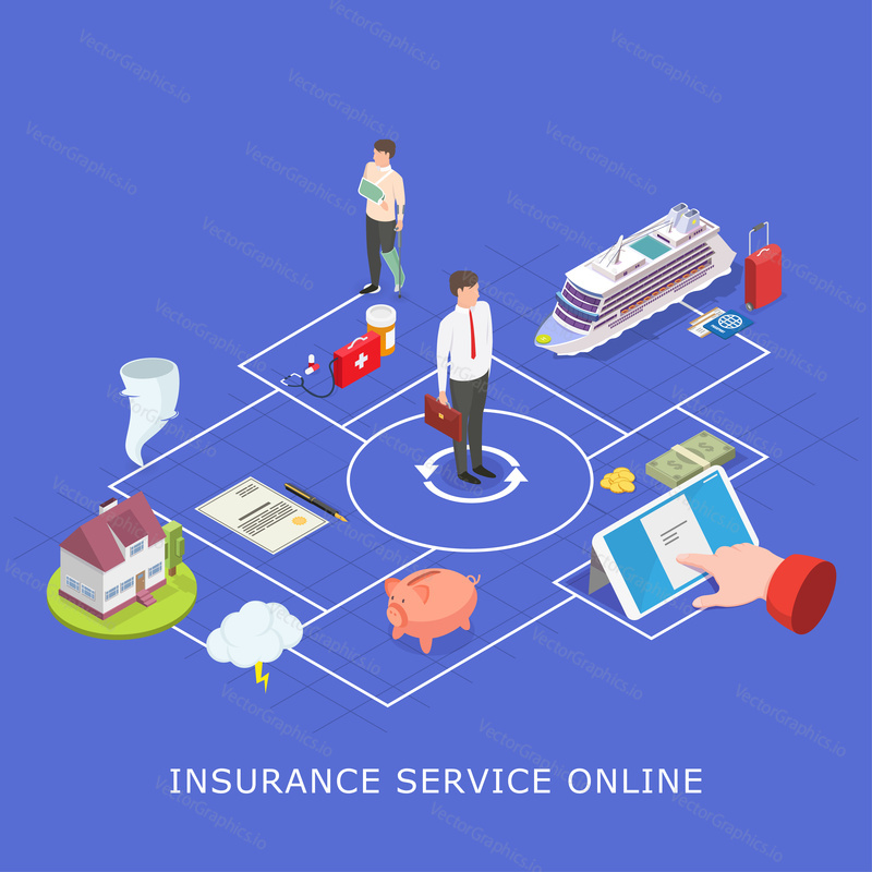 Insurance service online, vector flat isometric illustration. Man using smartphone or tablet to buy home, travel or health insurance policy.