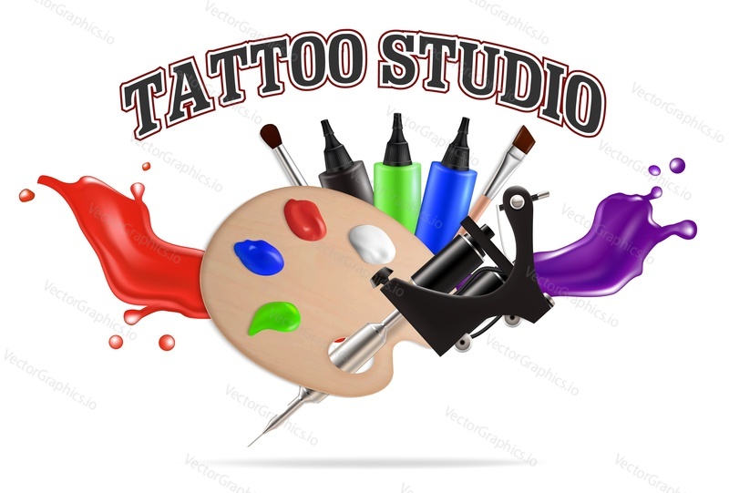 Tattoo studio label, emblem, logo vector template. Realistic tattoo machine, artist palette, brushes, paints and paint splashing. Brush tattoo painting.