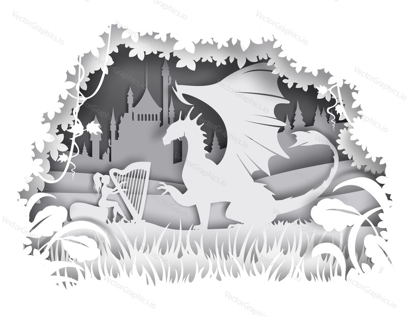 Dragon and princess playing harp, magical and imaginary fairy tale character silhouettes, vector illustration. Fairytale composition in paper art craft style.