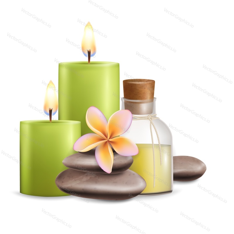 Vector realistic illustration of aroma candles, massage stones, oil bottle, frangipani flower. Spa business, wellness and spa salon composition for poster, banner, flyer etc.