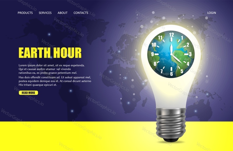 Earth hour vector website template, web page and landing page design for website and mobile site development. Earth Hour worldwide energy saving annual environmental campaign.
