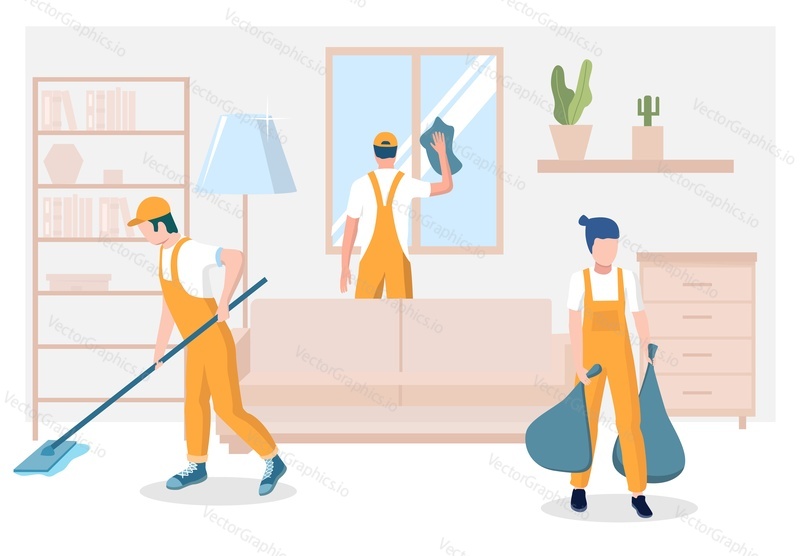Professional home cleaning services, vector flat illustration. Male and female characters, cleaning company staff picking up trash, washing window and floor in living room.