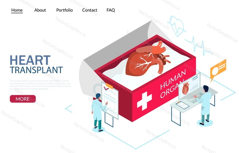 Heart transplant vector website template, web page and landing page design for website and mobile site development. Human organ donation isometric composition with huge donor heart in case and doctors