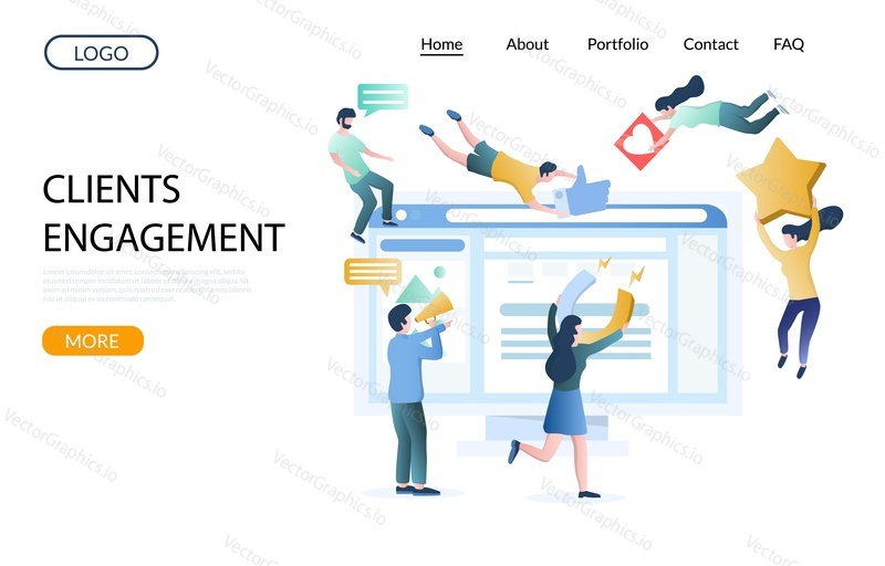 Clients engagement vector website template, web page and landing page design for website and mobile site development. Male and female characters attracting customers likes with magnet and megaphone.