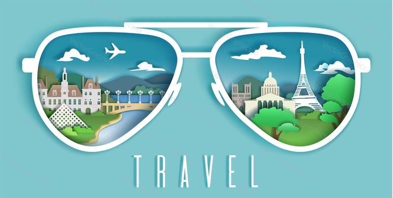 Huge sunglasses with Paris famous monuments and historic sites inside, vector illustration in paper art style. Travel to France composition for poster, banner etc.