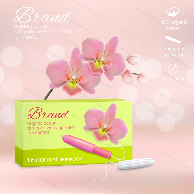 Feminine hygiene product vector advertising poster. Organic cotton tampons with applicator brand template. Comfort and protection.