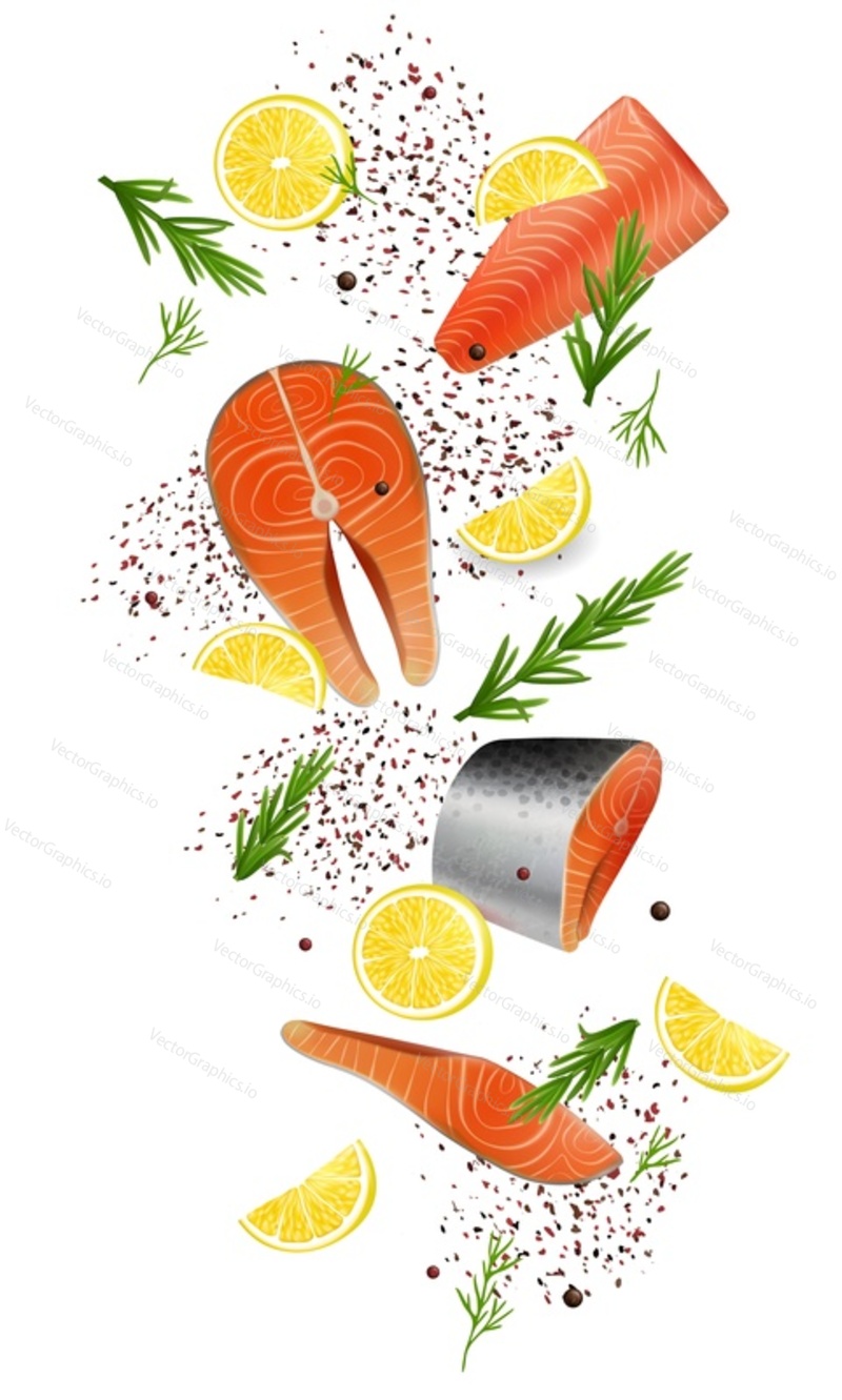 Salmon red fish falling steaks, fillet with lemon slices and spicy herb, vector realistic illustration. Healthy organic seafood cooking composition for restaurant menu, recipe, etc.