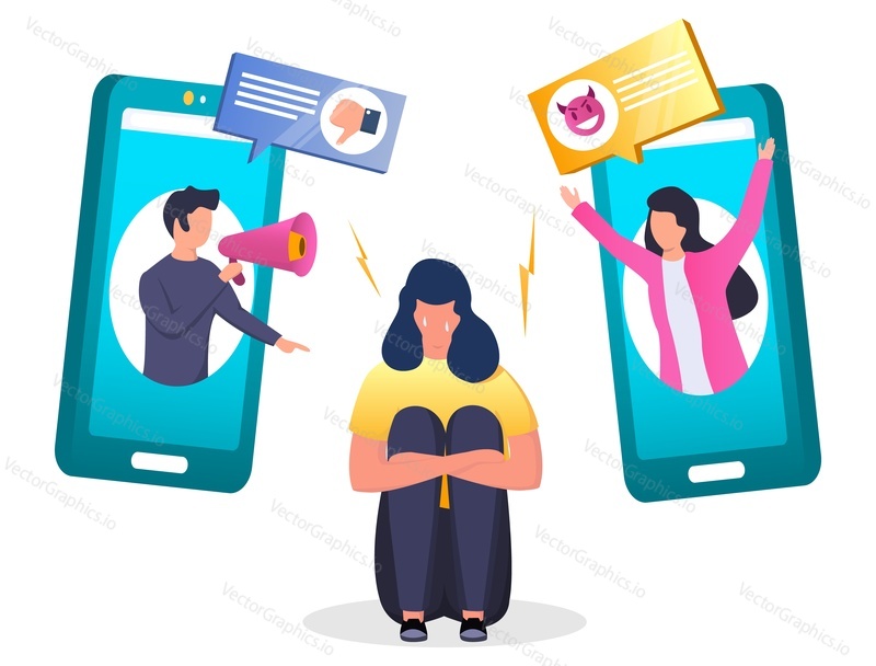 Depressed girl crying sitting on the floor because of receiving dislike and insulting mobile phone message, vector illustration. Cyber bullying, internet trolling concept for web banner, website page.