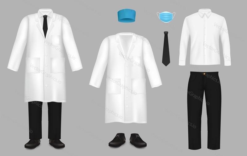 Doctor suit set, vector isolated illustration. Realistic white coat or lab coat, shirt, blue hat and mask, black pants, shoes and tie. Medical uniform for healthcare professionals.