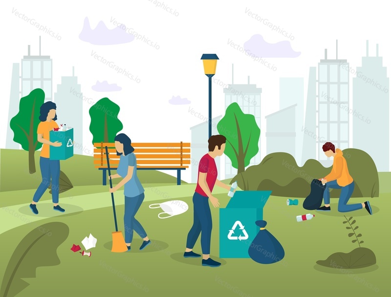 Volunteer team group of young people male and female characters sweeping and collecting garbage in city park, vector illustration. Park cleaning, volunteering concept for web banner, website page etc.