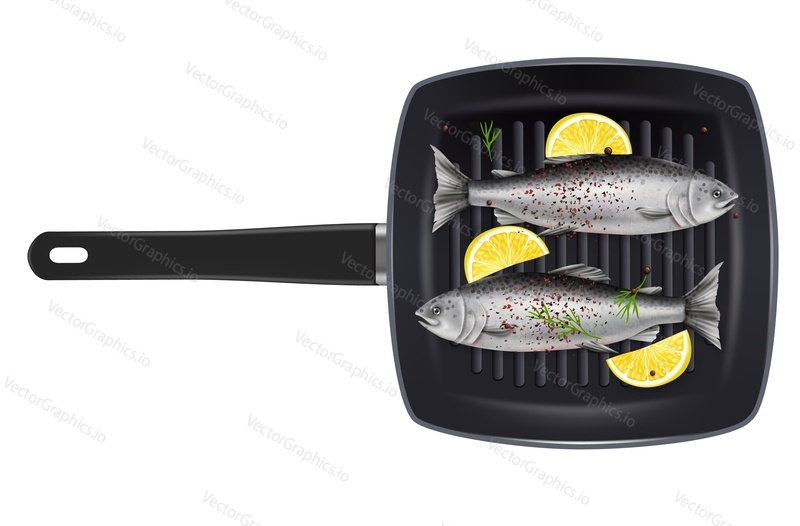 Grill pan with salmon fish, lemon slices, pepper and rosemary spicy herb, vector illustration isolated on white background. Grilled seafood for restaurant, cafe menu etc.