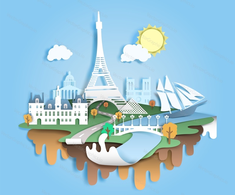 Paris attractions, world famous monuments and historic places silhouettes, vector illustration in paper art style. Travel to France composition for poster, banner etc.