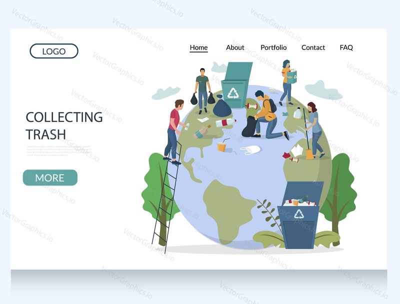 Collecting trash vector website template, web page and landing page design for website and mobile site development. Micro characters picking up garbage from huge globus. Ecology, clean planet concept.