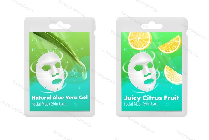 Facial sheet mask packaging sachet mockup set, vector realistic illustration isolated on white background. Natural aloe vera and citrus fruit face mask beauty skin care product package design template
