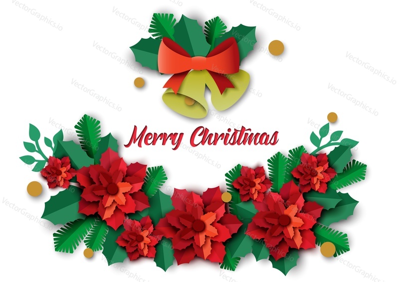 Merry Christmas greeting card vector template. Paper cut christmas jingle bells with bow, garland with green spruce branches, holly leaves and red flowers.