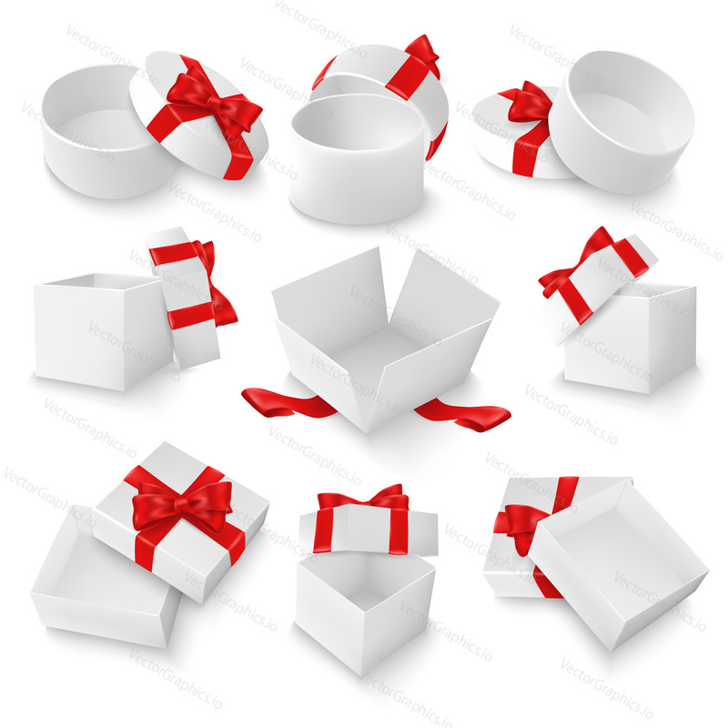 White open empty gift box mockup set, vector isolated illustration. Round and square boxes and lids with red bows and ribbons for Birthday, Christmas, Wedding or Valentine Day present packaging.
