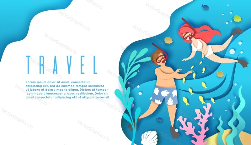 Travel web banner, website landing page template, vector illustration in paper art style. Happy tourist couple swimming underwater using snorkel and mask. Snorkeling, summer beach activity.