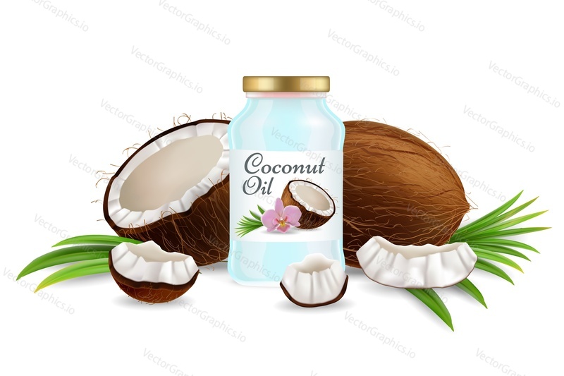 Natural coconut oil, vector illustration. Realistic coco fruit whole, half and pieces, oil bottle, palm leaves. Organic coconut oil beauty product composition for poster, banner etc.