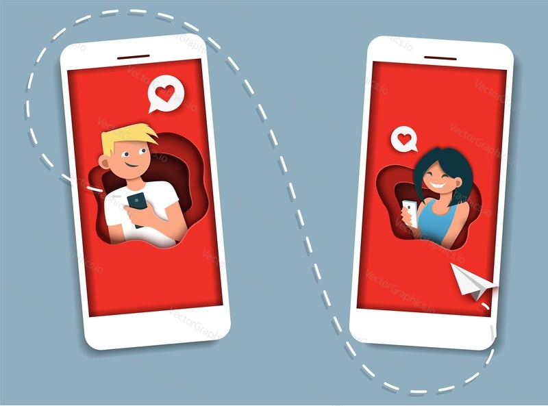Couple in love sending messages to each other using messenger chat mobile app, vector illustration in paper art craft style. Romantic love messages composition for web banner, website page etc.