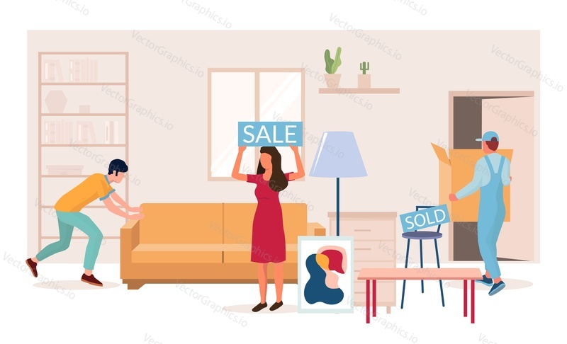 Home furniture sale, vector flat illustration. Special offers, seasonal and holiday discounts in furniture store composition for web banner, website page etc.