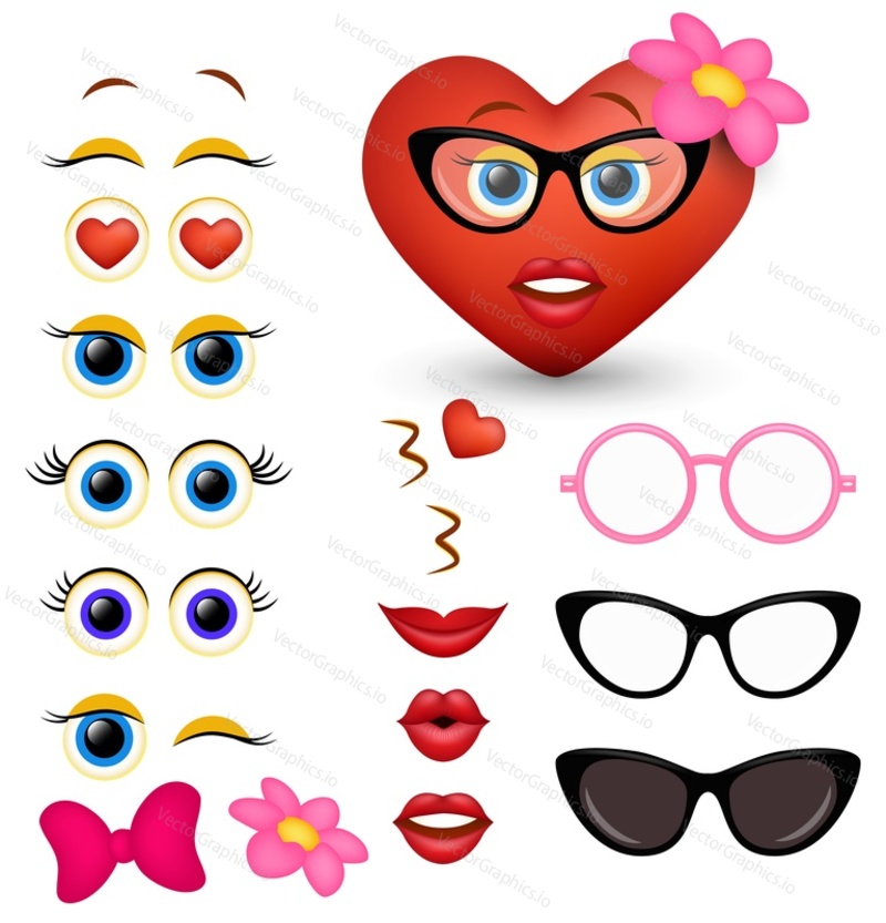Red heart female character emoji maker, smiley creator. Vector set of emoticon face parts and accessories such as glasses, bow, flower for your own cool feminine heart emoji creation.