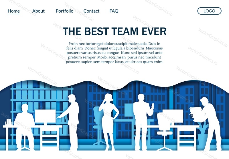 Office team vector website template, web page and landing page design for website and mobile site development. Teamwork, cooperation concept, paper art craft style.