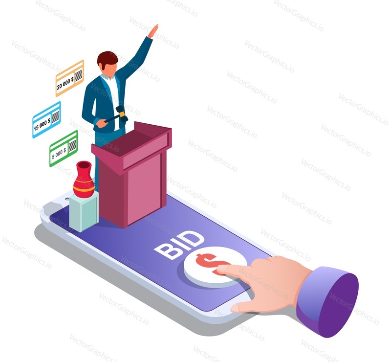 Auction online, vector illustration. Isometric smartphone, auctioneer and finger tapping bid button on screen. Auction and internet bidding from mobile phone concept for web banner, website page etc.