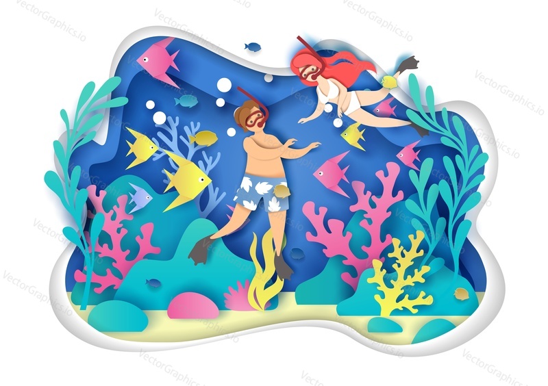 Vector layered paper cut style underwater world and happy tourist couple swimming using snorkel and mask. Snorkeling, summer beach activity composition for web banner, website page etc.
