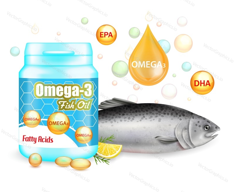 Vector realistic omega-3 fatty acids plastic bottle package mockup, salmon red fish, gold vitamin softgel pills and drops. Omega 3 fish oil supplement advertising poster design template.
