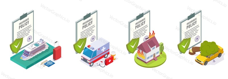Insurance services, vector illustration isolated on white background. Travel, medical, home and car insurance isometric compositions for web banner, website page etc.