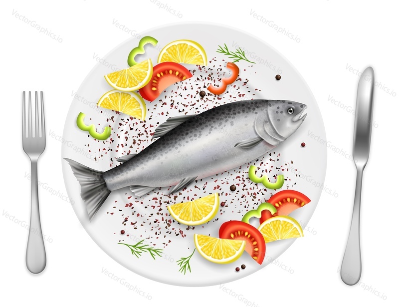 Salmon red fish with lemon, pepper, tomato slices and spicy herb on plate, vector realistic top view illustration. Fried or grilled seafood composition for menu, recipe, web banner.
