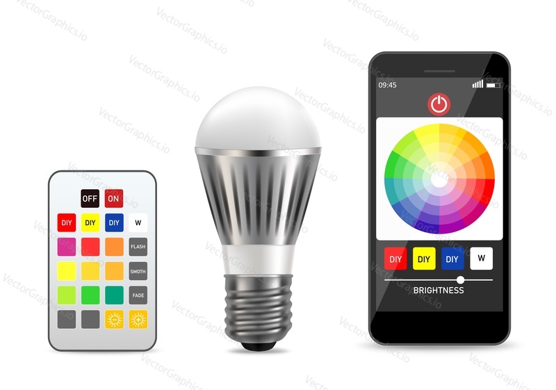 Light bulb controlled via smartphone, vector illustration isolated on white background. Realistic mobile phone and smart led lightbulb.