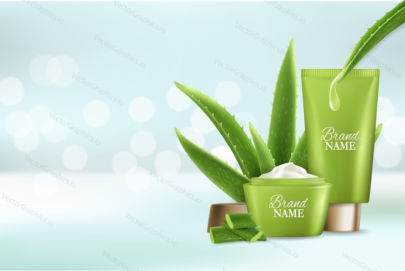 Aloe vera skin care cosmetic vector advertising poster design template. Beauty cosmetic product brand promotion composition with copy space.