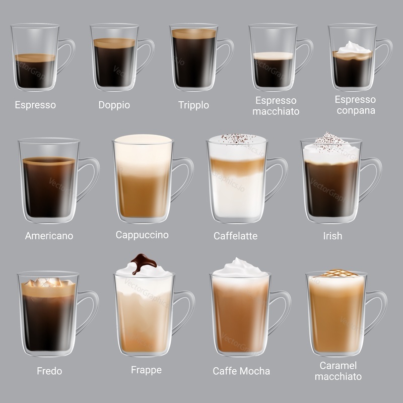 Coffee types set, vector isolated illustration. Espresso types, doppio, trippio, cappuccino, frappe, americano, caramel macchiato, other coffee drinks with names for restaurant, cafe menu etc.