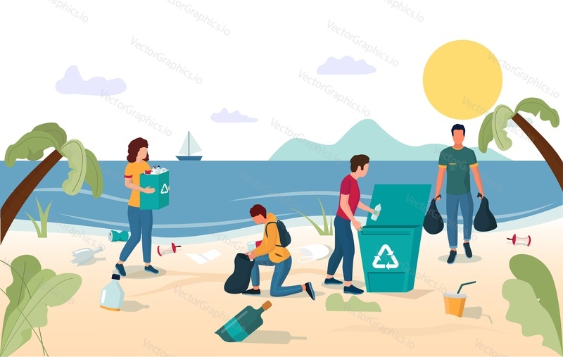 Volunteer team group of young people male and female characters collecting garbage on beach, vector flat illustration. Beach cleaning, volunteering, ecology concept for web banner, website page etc.