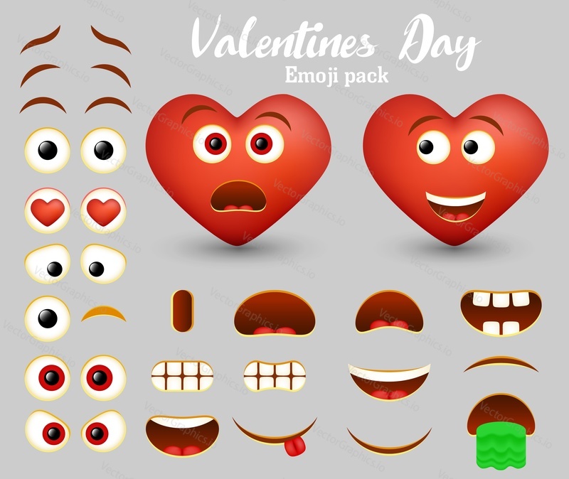 Red heart emoticon character maker, smiley creator. Vector set of emoticon face parts for your own heart emoji creation with different facial expressions. Happy Valentines Day emoji pack.